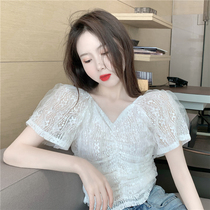 Bubble Sleeve Snow Textile Girl Summer 2022 Short Sleeve Short Shirt Short Shirt Upper With High Porsage