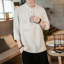 2021 new linen short sleeve T-shirt mens summer thin solid color half sleeve size loose retro buckle mens hemp material