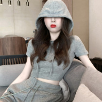 Two-piece shorts with leisure fashion gray umbilical cord hood sports short-sleeved t-shirt high-waist shorts