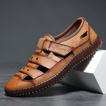 Brand high-end quality young and middle-aged mens sandals 21 summer leather Baotou hole shoes breathable middle-aged beach shoes