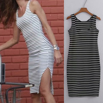 2022 New Casual summer dress Women Stripe Print O-Neck Split