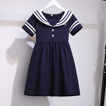 Girl Summer Clothing Dress Dress Navy Collar College Wind 2021 New Net Red Pure Cotton Foreign Air Cute Children Princess Dress