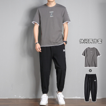 Sports Suit Men 2022 Summer style Loose Pure Cotton Round Collar Short Sleeve T-shirt Long Pants Matching Casual Two Sets