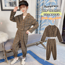 10-year-old girl spring and autumn suit set 8 childrens two-piece 9 Plaid 2021 New 7 middle-aged children foreign-style 6 coat