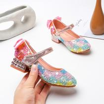 The new soft-bottomed child crystal 2021 sequins of leather shoes for girls’ princess shoes