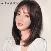 Wig womens medium long hair summer natural real hair full real hair silk headgear air bangs collarbone hair full head wig set