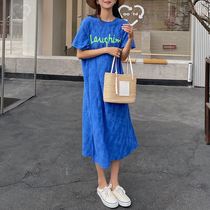 Spring and summer Han version of the new blue zdyeing short sleeve one-piece dress woman pure cotton with long casual loose big code T-shirt dress