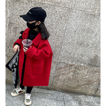 Girls big red double - sided cashmere coat 2021 new Han medium - long wool coat for boys and girls