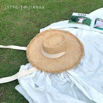 Lafite straw hat flat top French raffia hat women travel flat top woven eaves foreign atmosphere sunscreen new summer