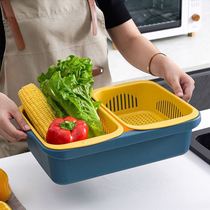 Two-in-one multifunctional foldable vegetable wash basin kitchen double-layer multifunctional drain basket vegetable wash basin fruit plate bowl chopsticks