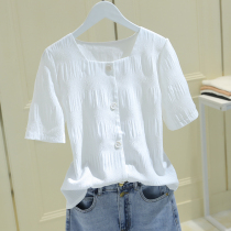 Hong Kong Square Collar White Shirt Woman Summer 2022 New Design Sense small crowdsourced relaxation method Dew Lock Bone Short Sleeve Shirt