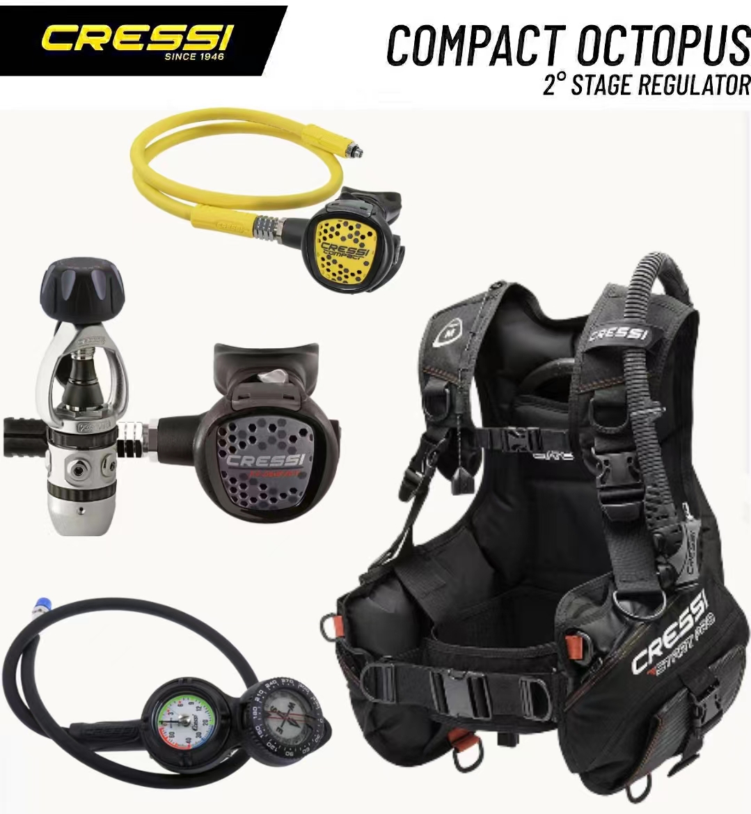 Italian CRESSI scuba diving equipment set BCD primary and secondary regulator triple table respirator gas cylinder