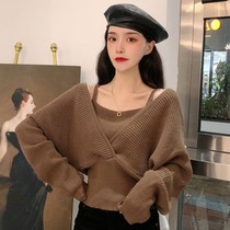 Spring and autumn 2021 new Korean version design sensation V collar machine jacket fake two long sleeve needle weasel-shirt female short fur coat