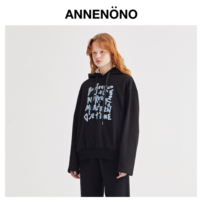 ANNENONO2022秋冬新款卫衣法语刺绣印花连帽休闲宽松