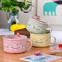 Large Number Ceramic Bubble Noodle Bowl with cover Dormitory Students Special Lunch Box With Large Capacity Microwave Oven Heating Mesh Red