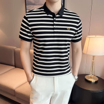 Striped short-sleeved POLO shirt mens ins trendy brand 2022 new summer ice silk high-quality embroidery collar half-sleeved T-shirt