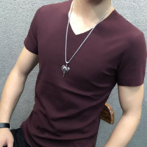 Ice silk t-shirt men v-neck slim fit 2022 summer new thin section tight body shirt modal seamless short-sleeved t-shirt men