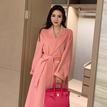Pink double-sided cashmere coat womens anti-season cedar long knee autumn and winter New Hepburn wind loose woolen coat