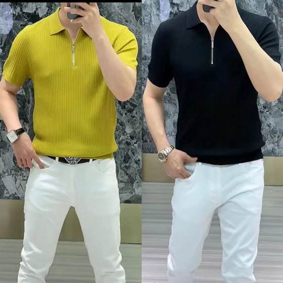 506 autumn men's inner zipper lapel knitted short-sleeved T-shirt with large elastic, comfortable, breathable, fashionable and fashionable
506 autumn men's inner zipper lapel knitted short-sleeved T-shirt with large elastic, comfortable, breathable, fashionable and fashionable