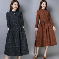 Cotton and linen dress 2021 spring new large size womens clothes loose mid-length lace-up waist long-sleeved skirt