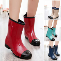Back Force Spring Autumn Lady Fashion Rain Shoes Non-slip Flat Heel Warm Cotton Cover Shoes Pure Color Jelly Midcylinder Rain Boots Korea Glue