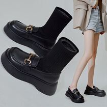 Boots Lefu Shoes Small Leather Shoes Woman Yingren Fall 2021 New 100 Lap Thick Bottom High Bunch shoes One foot pedal Lefort