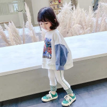 Girl Sweatshirt Spring Autumn 2022 New Fashion Set Head Denim Splicing Loose Children Baby Early Autumn Blouse
