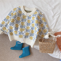 Girl Sweater Sweatshirt Autumn Winter 2021 New Foreign Air Fashion Han Edition Children Baby Flowers Needle Weaselwear Jacket