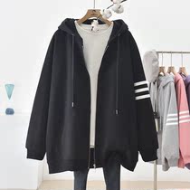 Three bars Lianhood jacket Fat mnm Big code 200 catty Thin Money Tandem Hat Jacket Woman 2022 Spring dress new student