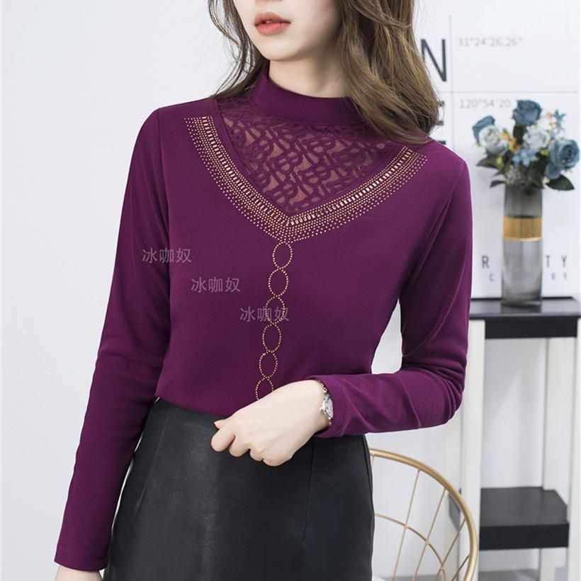 Double sided Develvet semi-high collar warm beating undershirt women's clothing autumn and winter new interias wearing hot and drilling thickened foreign air blouses-Taobao