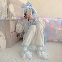 Coral velvet jade gui dog pajamas womens autumn and winter pajamas girls sweet and soft rabbit ears home clothes two-piece set