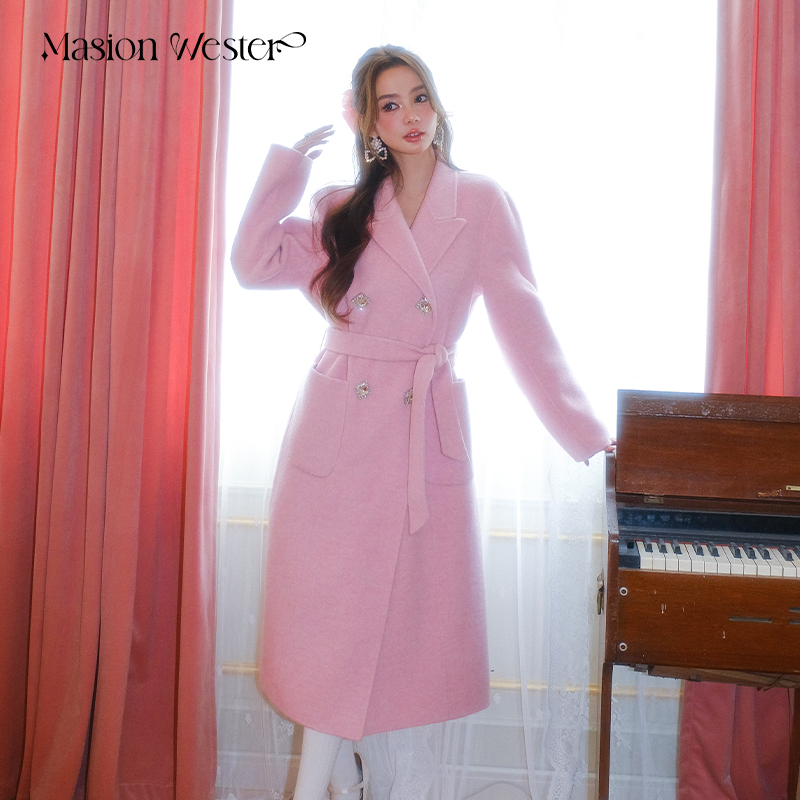 MasionWester23秋冬新款女装名媛风气质羊毛浅粉色双排钻扣呢大衣