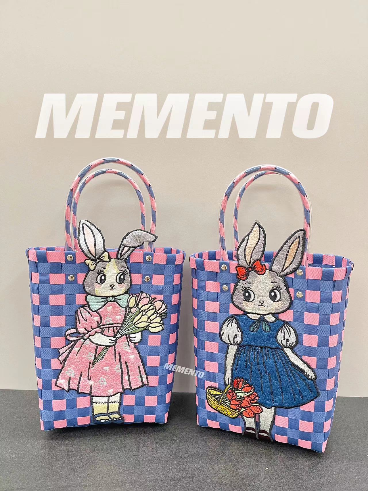 MEMENTO蓝莓小兔刺绣重工手工编织包少女小清新文艺菜篮子大容量-Taobao