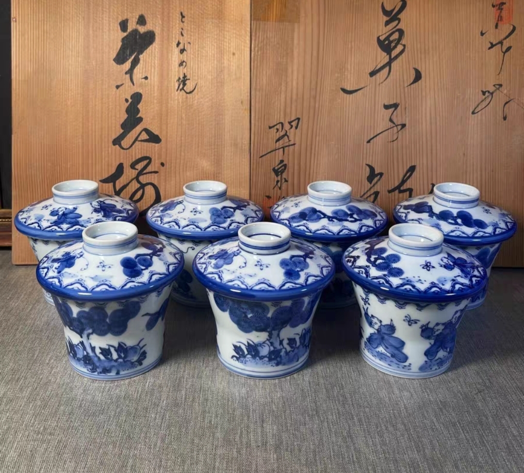 原盒全新日本锅岛裕山青花婴戏图双底盖杯茶杯七只汤吞茶具