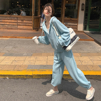 Even cap sweatshirt sports suit womens spring and autumn students loose and thin Korean version online red fashion casual two sets of foreign air