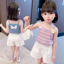 Hong Kong Girls' Summer Suit 2022 New Western Style Thin Camisole Pure Cotton Baby Vest Summer Children's Shorts