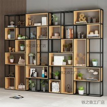 American Iron Art Floor Screens Partition Living Room Shelf Solid Wood Bookshelves Modern Minima Show Shelf Separator Shelf