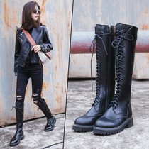 Leather lace-up boots Women 2018 autumn and winter New handsome black long tube Martin boots women Tall Knight knee boots