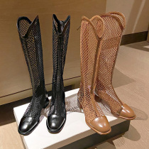 Retro Brown high net boots female summer thin sexy hollow mesh boots show thin v thick mouth long hot boots