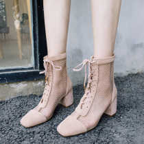 Leather coarse-heeled mesh short boots sexy high-heeled net boots female summer Net red hollow Roman cool boots middle tube high-top mesh shoes