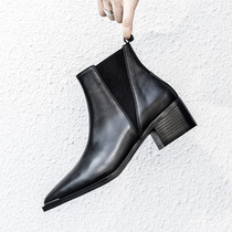 Leather British Chelsea pointed small short boots female black thick and naked boots autumn and winter single boots Net red thin boots