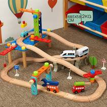 Childrens wooden small train electric rail suit elevated bridge nut building train rail dismantling block toys