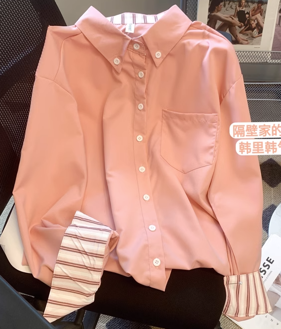 粉色拼接条纹Polo衬衫居然该么显白。春秋穿搭被它拿捏了！