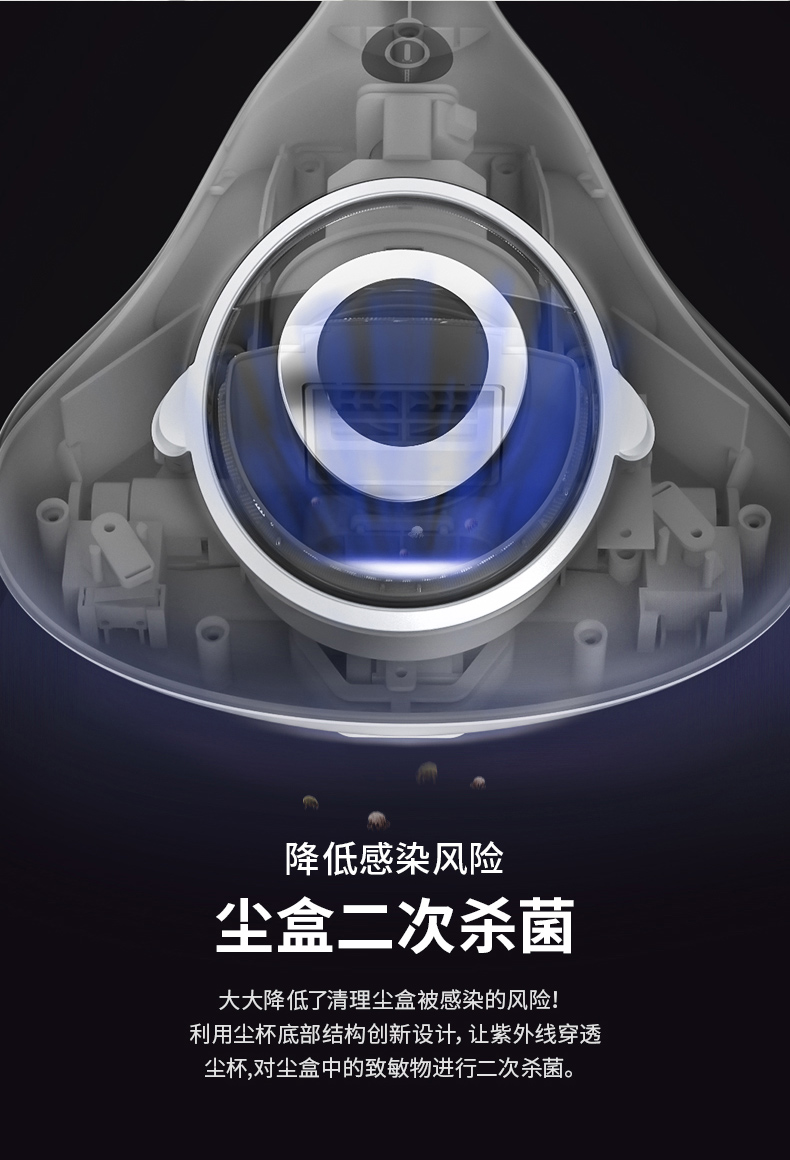 降低感染风险尘盒二次杀菌大大降低了清理尘盒被感染的风险!利用尘杯底部结构创新设计,让紫外线穿透尘杯对尘盒中的致敏物进行二次杀菌。-推好价 | 品质生活 精选好价