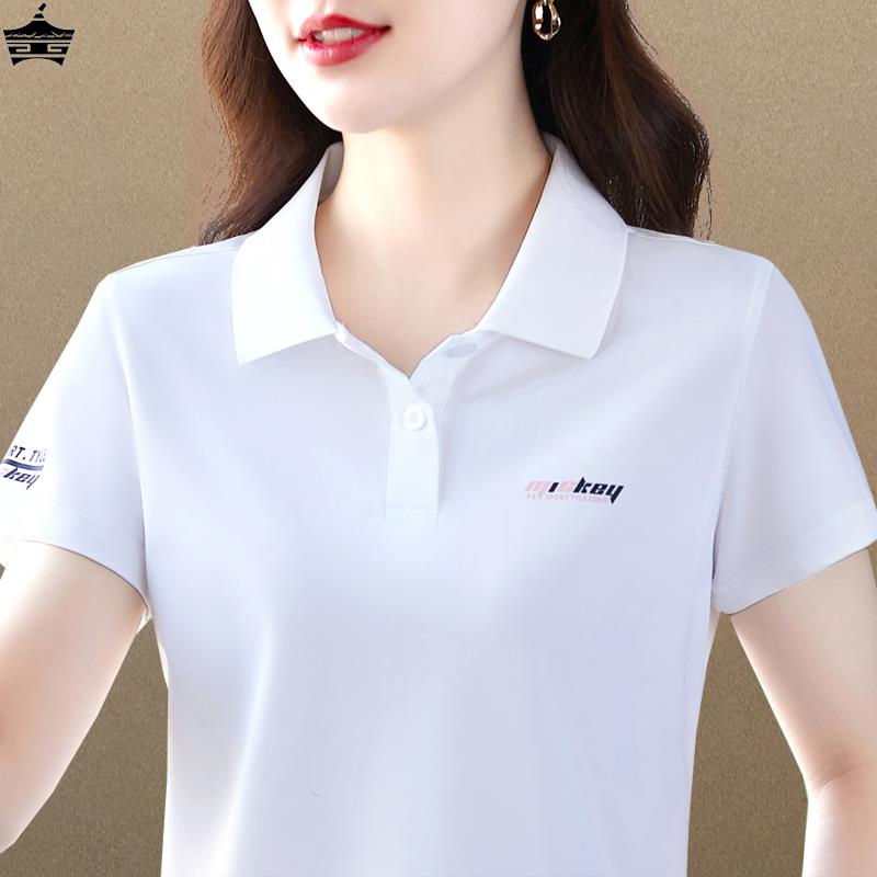 Ice Silk Flap Casual Short Sleeve T-Shirt Woman Summer 2023 New Printed Polo Shirt Middle-aged Mom With Slim Blouses-Taobao