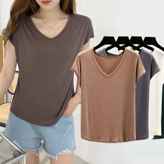 Modal short-sleeved women's v-neck T-shirt for summer thin large size outer half-sleeved top solid color loose inner base shirt
Modal short-sleeved women's v-neck T-shirt for summer thin large size outer half-sleeved top solid color loose inner base shirt