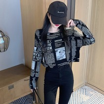 Black long sleeve T-shirt female 2021 Spring and Autumn New Port flavor thin loose letter print short style interior base shirt
