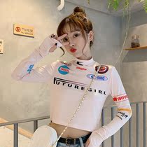 2021 Spring and Autumn New slim slim high collar long sleeve T-shirt female letter printing high waist navel short base shirt