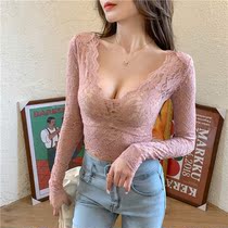 2021 Spring and Autumn New Deep V collar sexy interior long sleeve small shirt high waist lace base shirt size fat mm