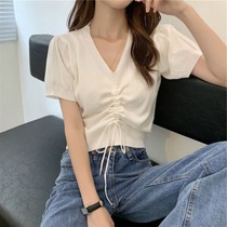 Ice silk knitted short sleeve t-shirt womens coat 2021 summer new drawstring inside high waist navel short base shirt